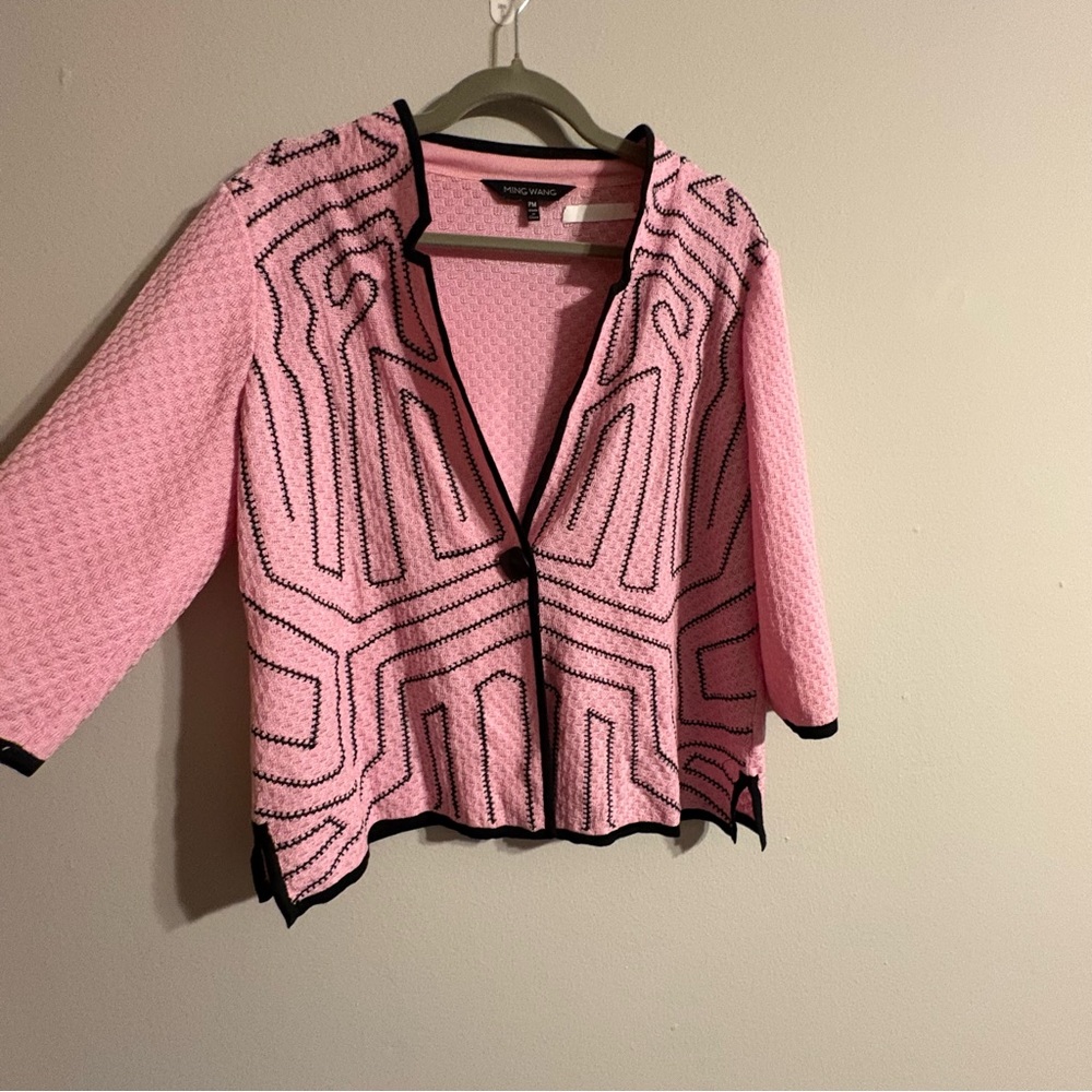 Ming Wang Grannycore Textured Embroidered Acrylic Blazer Cardigan